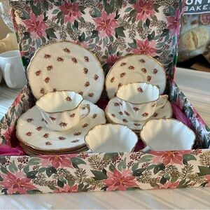Antique Pink Rosebud Gold-Trimmed Fine Bone China Tea Set
